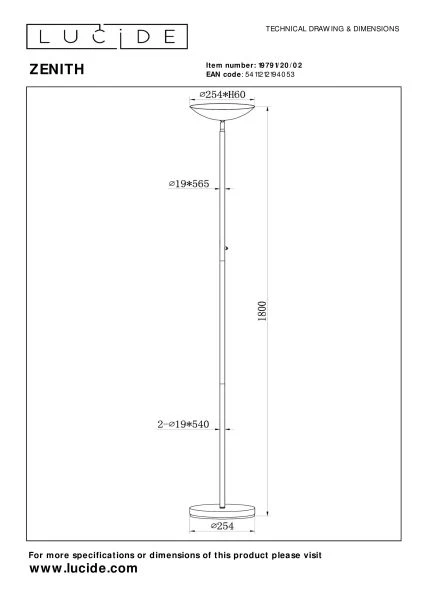 Lucide ZENITH - Floor lamp - Ø 25,4 cm - LED Dim. - 1x20W 3000K - Matt Gold / Brass - technical